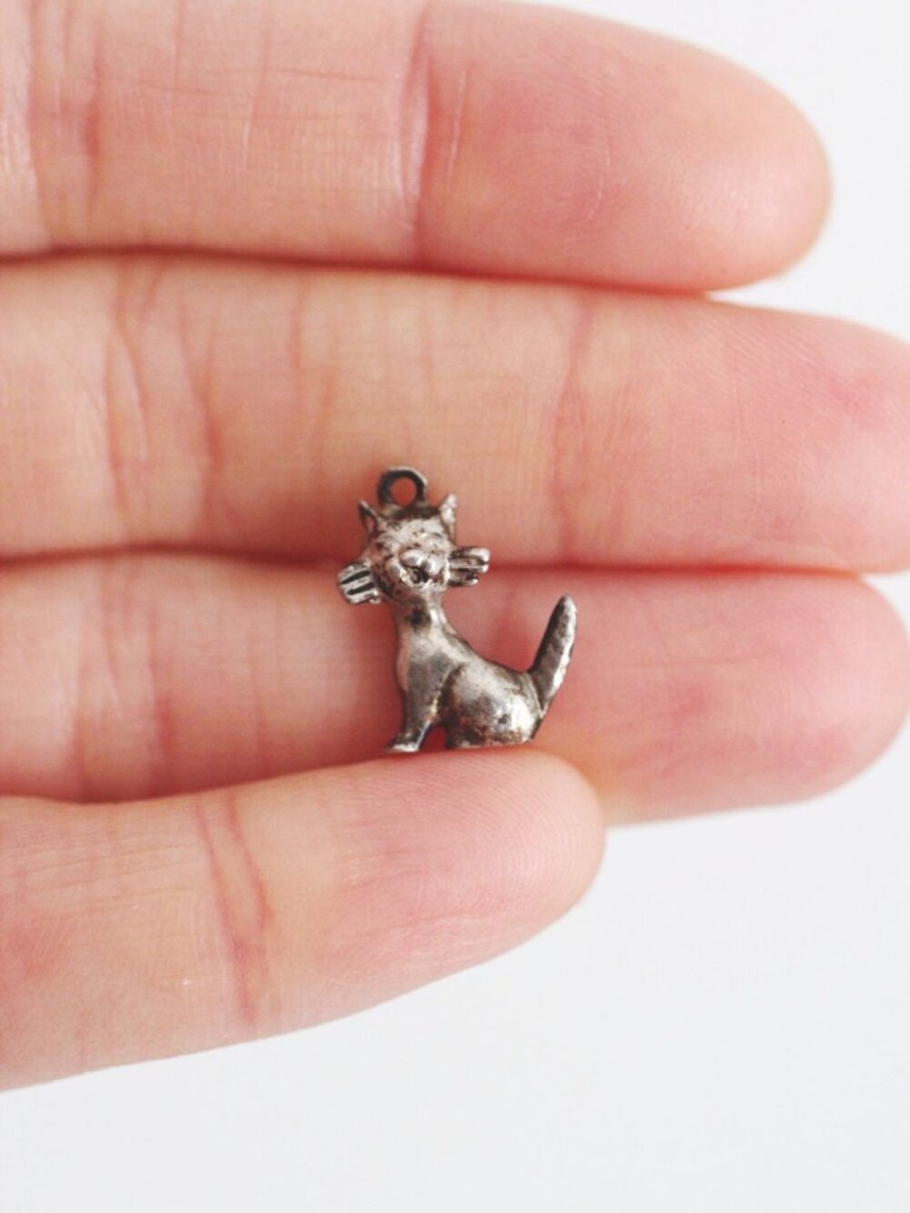 Vintage Sterling Silver Cat Charm Pendant Animal Antiqued Oxidized Miniature Ret